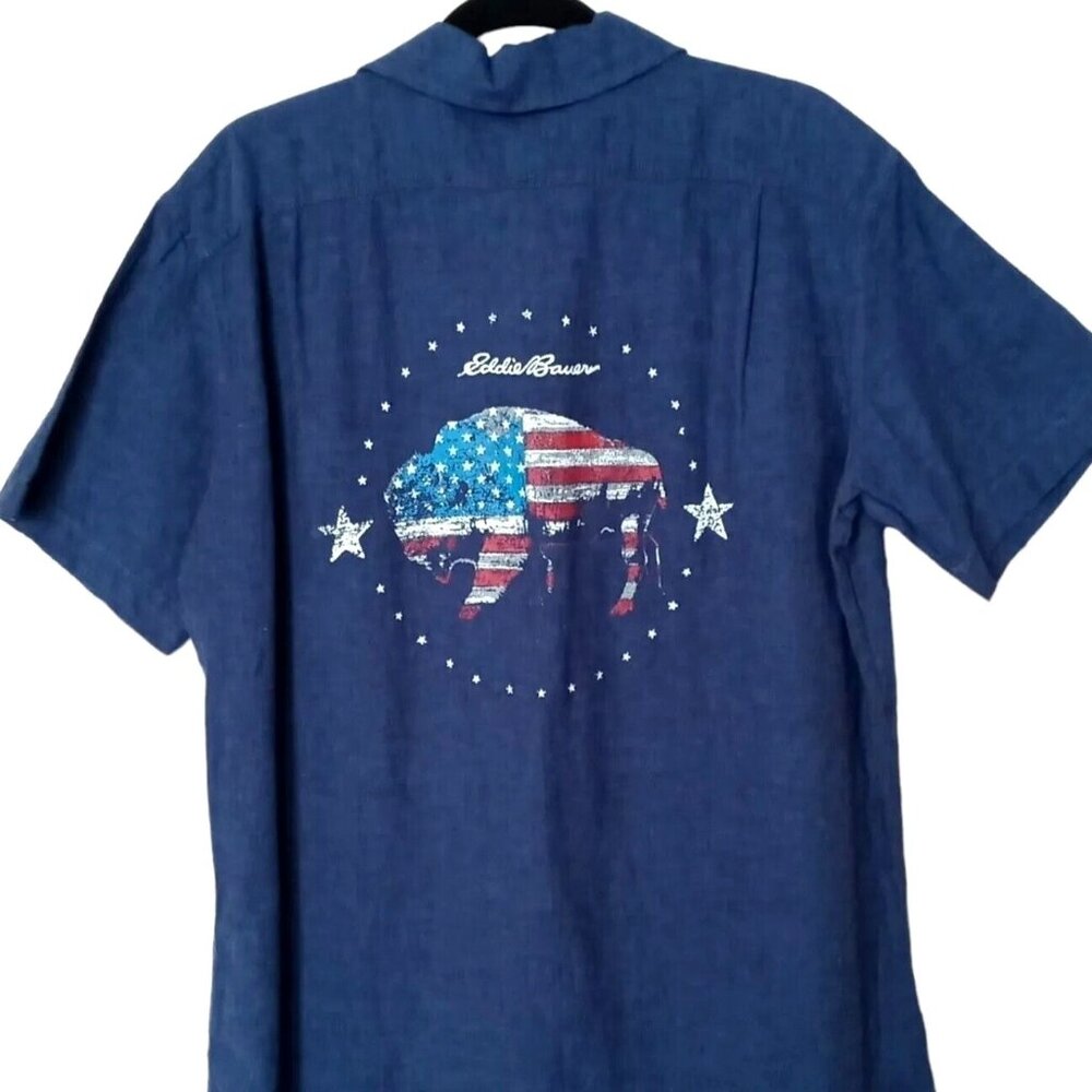 Eddie Bauer Mens Camp Shirt Medium Blue American Bison Buffalo Patriot Flag
